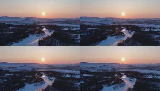 航拍内蒙古亚洲第一湿地雪景黎明高清在线视频素材下载
