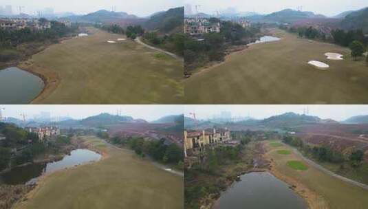航拍重庆南岸区：别墅群外围的高尔夫球场高清在线视频素材下载