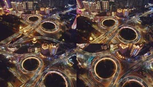 中国哈尔滨松花江公路大桥夜景航拍高清在线视频素材下载