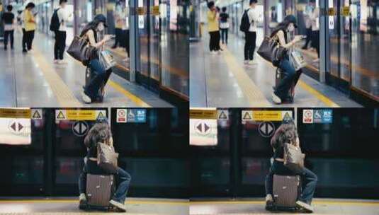 坐在行李箱等地铁的女子高清在线视频素材下载