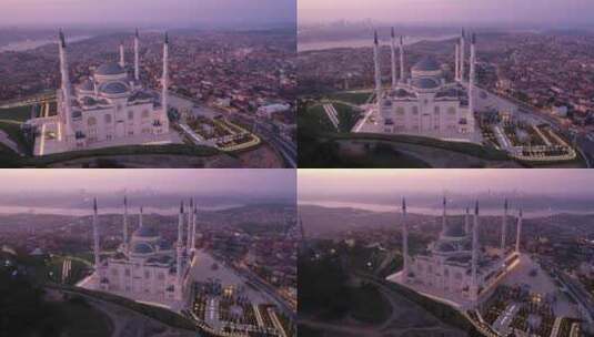伊斯坦布尔坎利卡清真寺和博斯普鲁斯海峡（欧罗巴最大的清真寺）的无人机视图高清在线视频素材下载