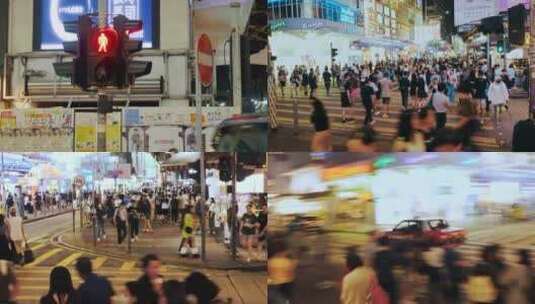 香港旺角夜景，马路，斑马线红绿灯高清在线视频素材下载