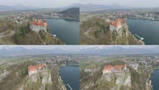 空中镜头布莱德城堡的观点，背景是布莱德湖。斯洛文尼亚高清在线视频素材下载