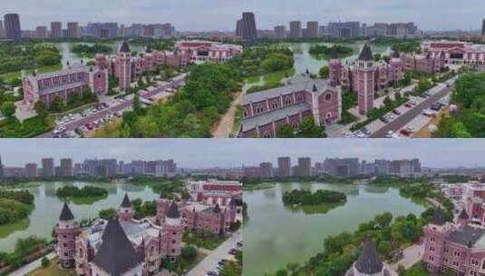 航拍徐州市金龙湖小镇欧式建筑礼堂高清在线视频素材下载