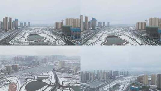 航拍晋城法治公园雪景高清在线视频素材下载