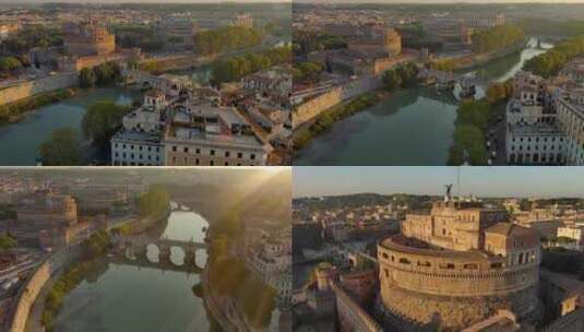 罗马圣天使堡圣天使酒店日出意大利古迹地标高清在线视频素材下载