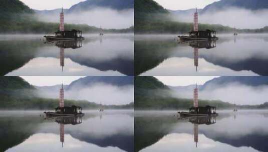 神农架大九湖一艘船在湖面唯美仙境 (1)高清在线视频素材下载