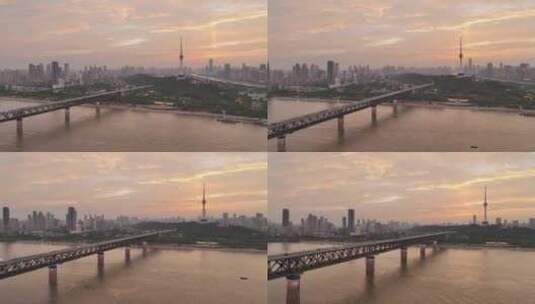 武汉长江大桥龟山夏季日落晚霞航拍原视频高清在线视频素材下载