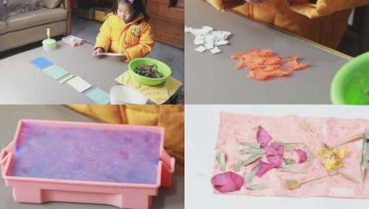 儿童环保手工造纸制作纸张科学游戏幼儿手工高清在线视频素材下载
