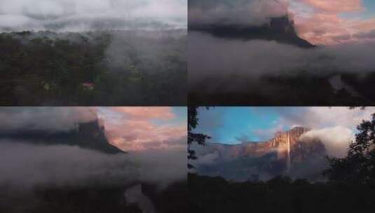 航拍森林瀑布委内瑞拉天使瀑布云雾蓝天白云高清在线视频素材下载