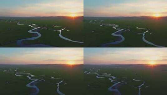 航拍呼伦贝尔莫尔格勒河绝美草原夕阳高清在线视频素材下载