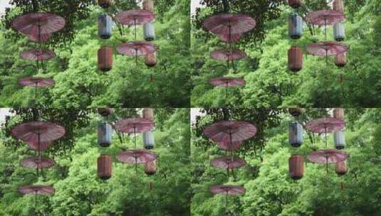 景区公园内中国风 油纸伞 中式彩色吊灯高清在线视频素材下载