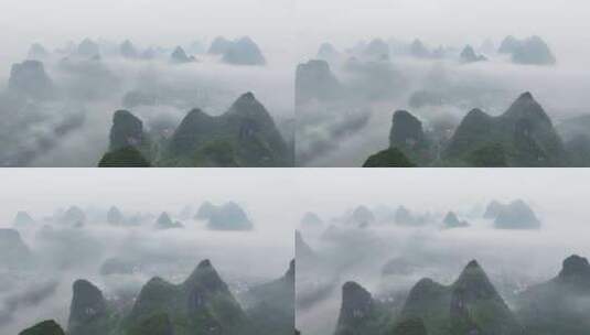 航拍广西桂林烟雨漓江水墨画高清在线视频素材下载