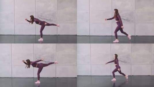 一个美丽的运动型女人弯腰、跳跃、弓步。健高清在线视频素材下载