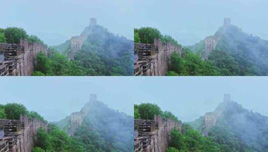 中国夏季金山岭长城阴天下雨云雾风光高清在线视频素材下载