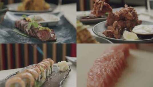 日式料理餐饮美食甜点切三文鱼寿司牛扒西餐高清在线视频素材下载