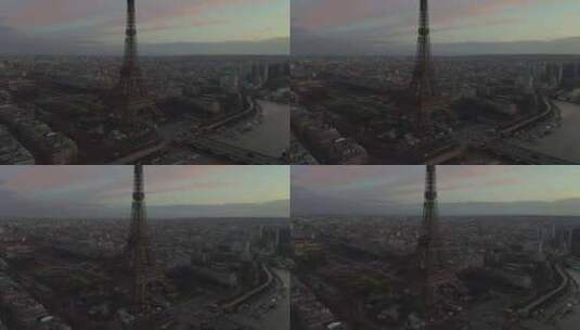 日落时分巴黎塞纳河附近的埃菲尔铁塔高清在线视频素材下载