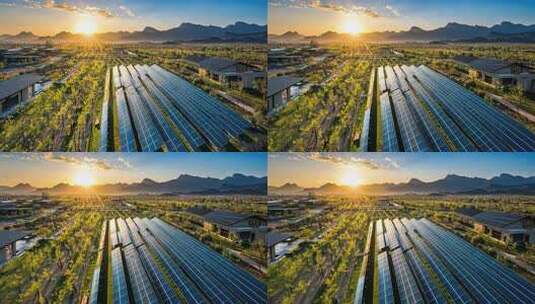 夕阳下太阳能发电场绿色能源环保可持续高清在线视频素材下载