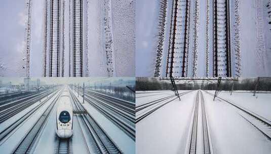 雪覆铁轨：列车穿行于冬日银白交通脉络冬日高清在线视频素材下载