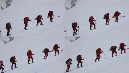 攀登冰川之父慕士塔格峰雪山的登山队高清在线视频素材下载