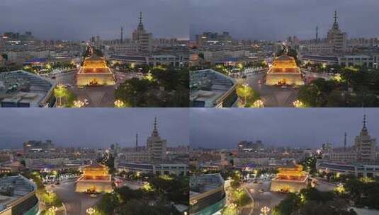 航拍甘肃张掖钟鼓楼夜景高清在线视频素材下载