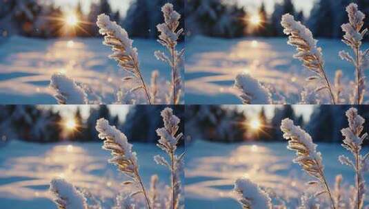 冬日夕阳下的雪地与野草高清在线视频素材下载