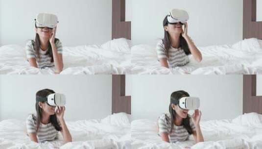 女人在床上戴虚拟现实设备高清在线视频素材下载