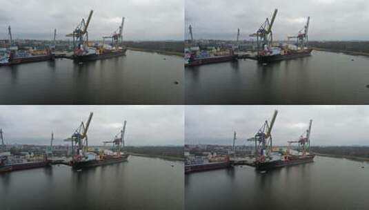 海港里停靠的货船航拍景观高清在线视频素材下载