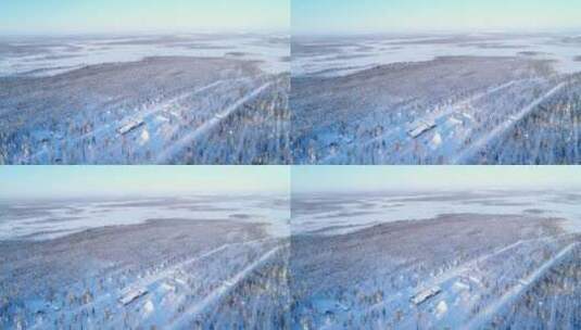 鸟瞰被白雪覆盖北极牧场里的树木和房屋高清在线视频素材下载