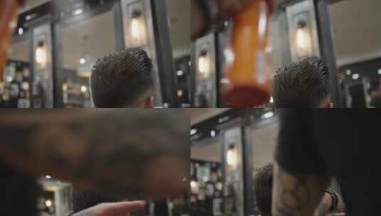 理发师在男人头上喷水高清在线视频素材下载