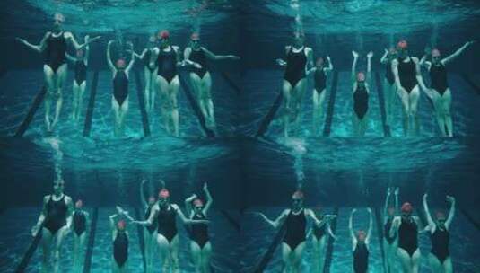 女子花样游泳练习高清在线视频素材下载