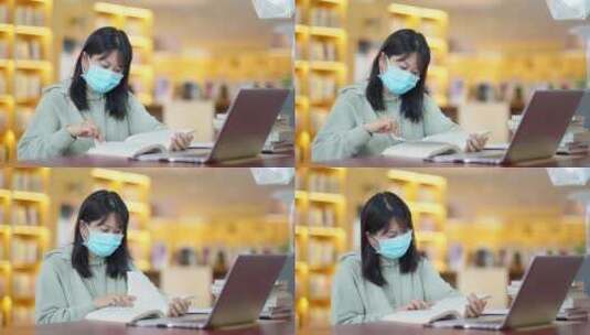 疫情带口罩年轻女子在咖啡店使用手机笔记本高清在线视频素材下载