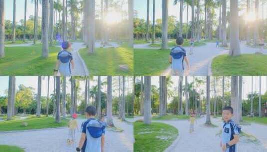 阳光棕榈树林小朋友散步高清在线视频素材下载