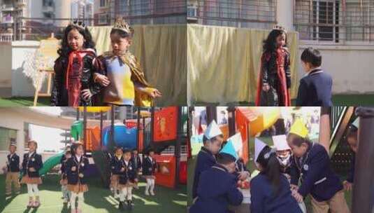 幼儿园小朋友表演白雪公主话剧跳舞游戏玩耍高清在线视频素材下载