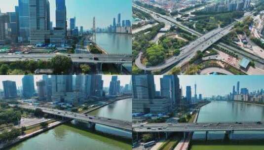 视频多镜头组合航拍广州琶洲建筑交通高清在线视频素材下载