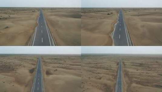 航拍沙漠公路行驶的汽车荒漠戈壁笔直的公路高清在线视频素材下载