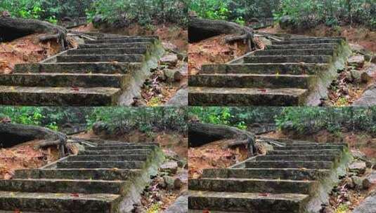 雨天登山下雨滴在石阶楼梯上高清在线视频素材下载