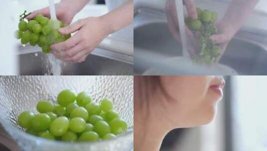 洗葡萄吃葡萄，阳光青提葡萄4k视频素材高清在线视频素材下载