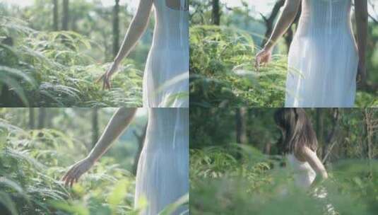 女孩在山林行走背影伸手抚摸小草叶子视频高清在线视频素材下载
