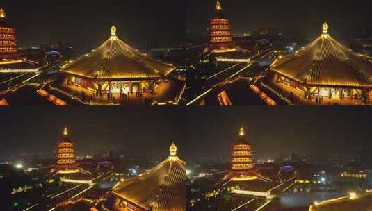 河南 洛阳 明堂天堂景区 夜景 航拍高清在线视频素材下载