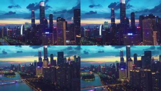 航拍广州傍晚城市CBD珠江新城景色高清在线视频素材下载