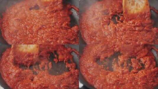 经典自制意大利番茄酱配罗勒意大利面和平底锅比萨饼高清在线视频素材下载