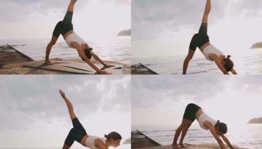 清晨女人在海边练习瑜伽01高清在线视频素材下载