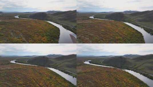航拍内蒙古呼伦贝尔莫日格勒河河畔秋季风光高清在线视频素材下载
