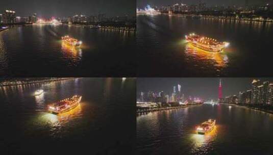 广州珠江游轮航拍珠江夜景风光高清在线视频素材下载