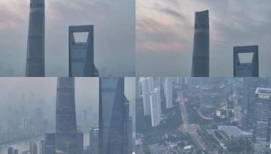 上海陆家嘴三件套傍晚航拍高清在线视频素材下载