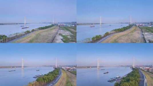 九江长江公路大桥及永安堤傍晚航拍延时高清在线视频素材下载