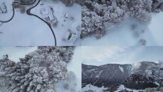 航拍雪山森林雪村小镇度假屋树林山脉白雪高清在线视频素材下载