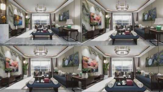 高端样板房室内客厅新中式装修设计_020A高清在线视频素材下载