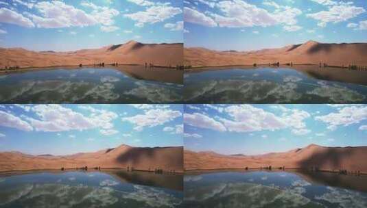 航拍蓝天白云沙漠沙丘湖景自然风景高清在线视频素材下载